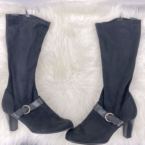Predictions | black suede buckle stretchy boots 3” heel ,tall under knee… - Picture 1 of 9